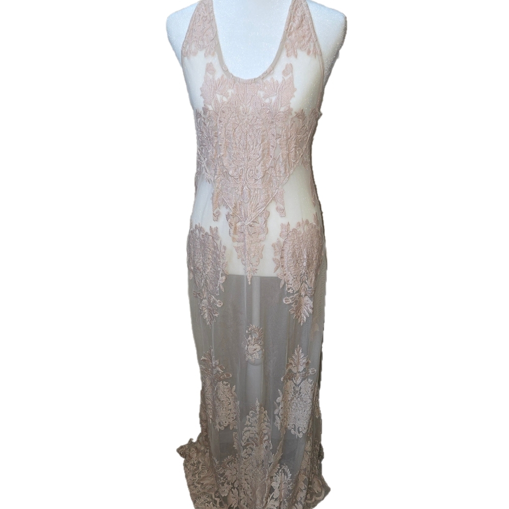 Sky Beige Lace Overlay Dress